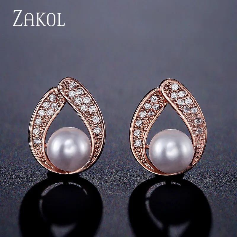 

ZAKOL New Rose Gold Color Water Drop Cubic Zircon Stud Earrings for Women Fashion Imitation Pearl Wedding Anniversary FSEP2229