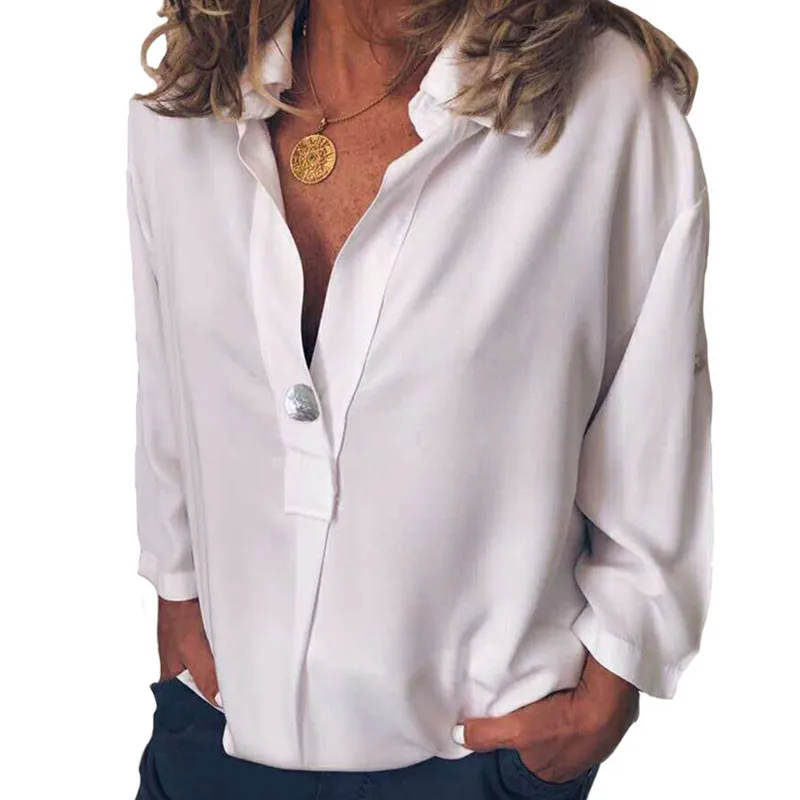 

White shirt fall office women's blouse sexy elegant vintage v-neck long sleeve pullover blouse female loose casual fashion shirt