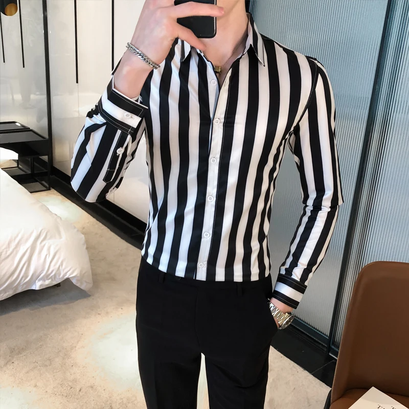 British Style Striped Shirts Mens Long 