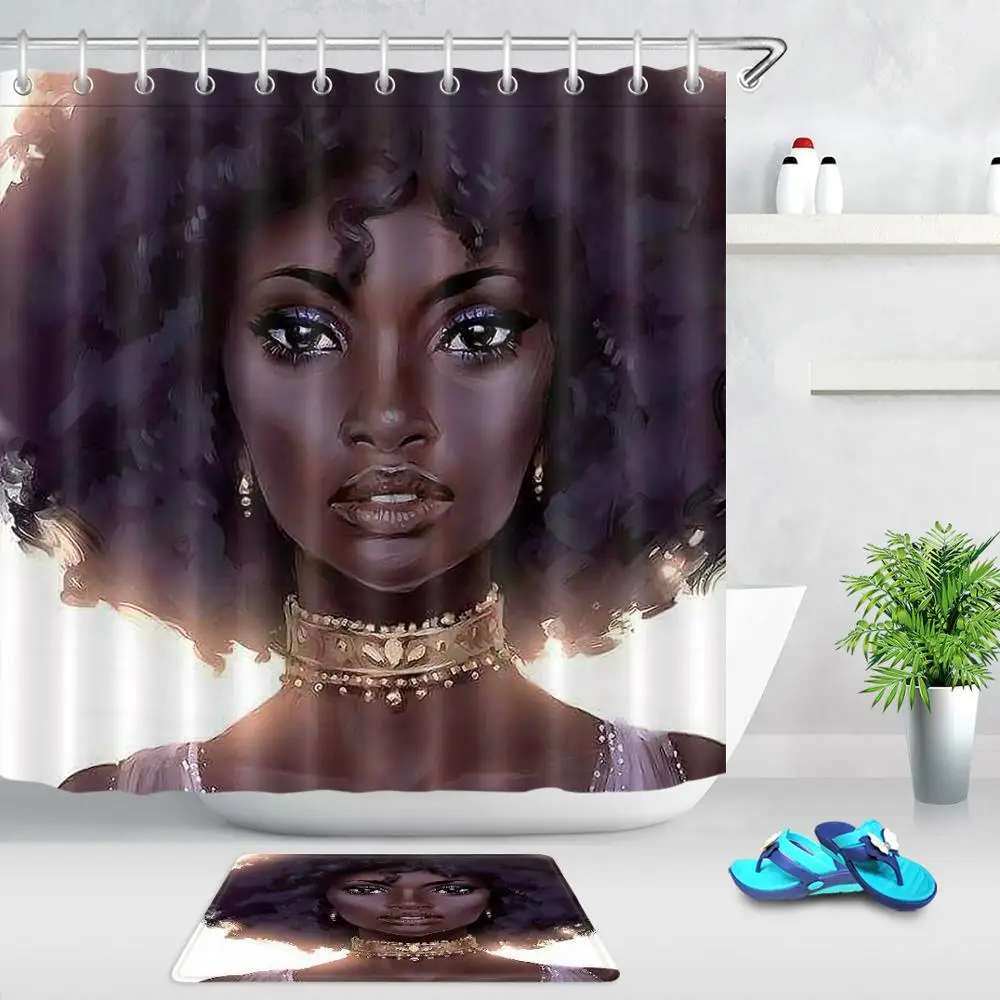 American African Shower Curtain for Bathroom Arican Afro Woman Bath Curtains 