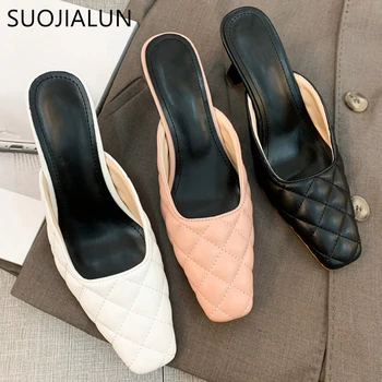 

SUOJIALUN 2020 Spring Women Mules Shoes New Brand Linger Slipper Square Toe High Heels Pump Sandal Shoes Slip On Dress Shoes