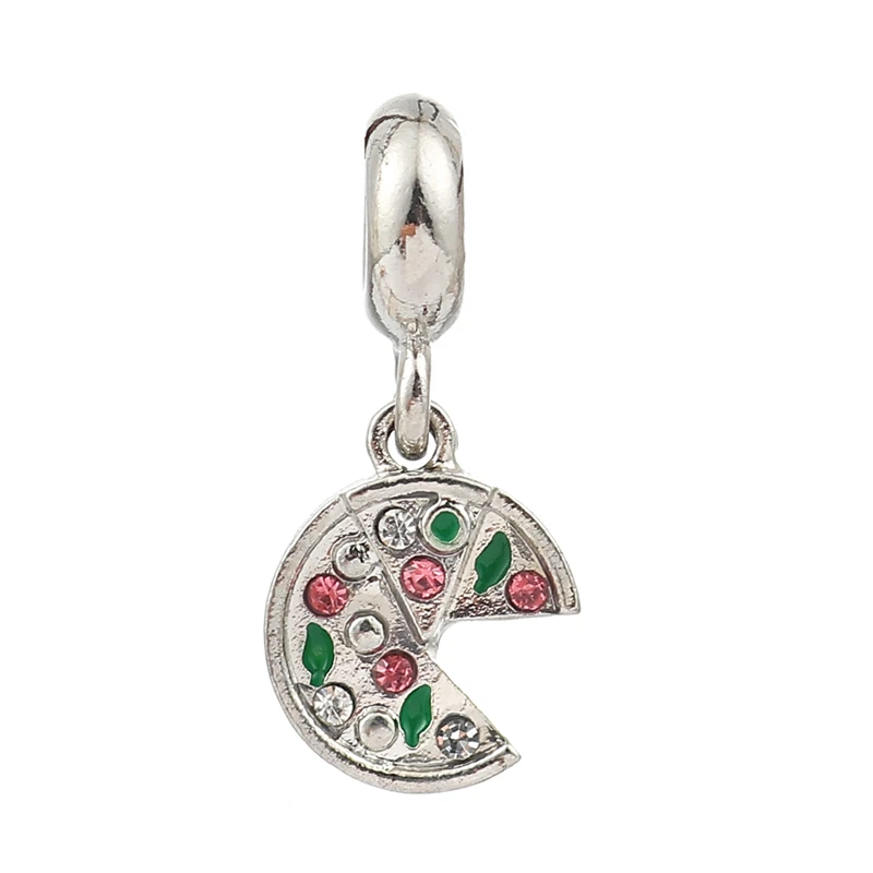 DoreenBeads, цинковый сплав, европейский стиль, большое отверстие, очаровательные бусины под ключ, для пиццы, тусклый серебристый цвет Прозрачный Стразы, зеленая эмаль, 5 шт