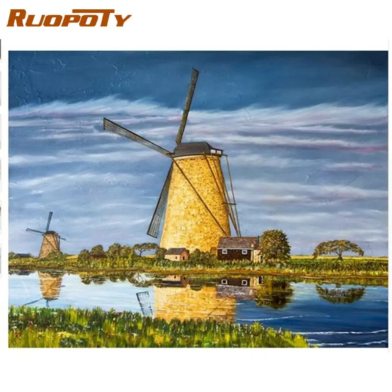 

RUOPOTY Windmill DIY Painting By Numbers Landscape Modern Wall Art Canvas By Numbers For Adults Home Wall Decors Artwork