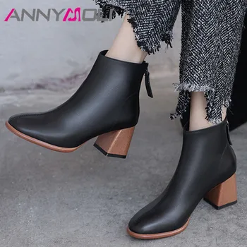 

ANNYMOLI Women Boots Natural Genuine Leather High Heels Ankle Boots Thick Heel Short Boots Zip Round Toe Lady Shoes Beige Winter