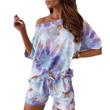 

Women's Tie-Dye Print Outfit Casual Loose Short Sleeve + Drawstring Shorts Sport Home Set