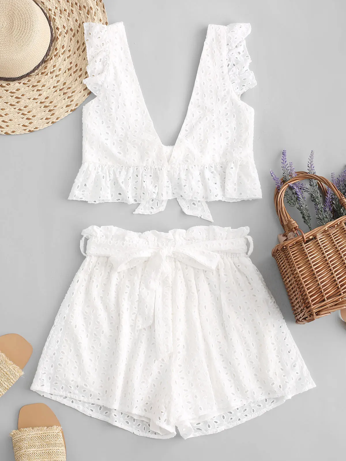 ZAFUL Eyelet Plunge Belted Wide Leg Shorts Set Sleeveless Women Solid Elastic High Waist Ruffles Belted Two Pieces Sets - Цвет: White