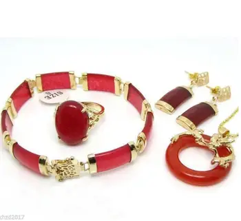 

Free Shipping Wholesale Charming Red Jades Dragon Pendant Necklace ring, bracelet,Earring Sets