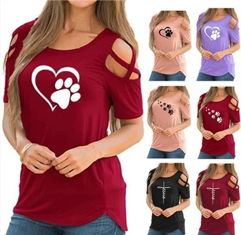 

Women Long Sleeve Shirt Tops Cute Cat Footprints Print Strappy Cold Shoulder Shirt Tops Blouses Hollow Out Blouses Dog Shirts