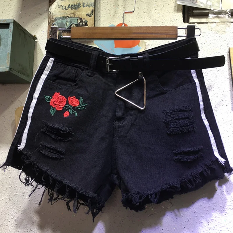 Роза, вышивка Цветочная дыра женские джинсовые шорты Винтажные белые джинсовые рваные шорты с бахромой необработанные края сексуальные