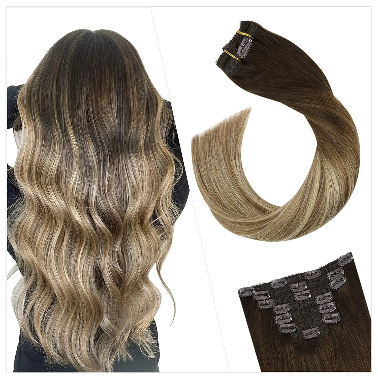 Ugeat Clip on Hair Extensions Real Remy Human Hair Highlight Blonde Color Full Head Balayage Clip in Hair Extensions 100g/7Pcs