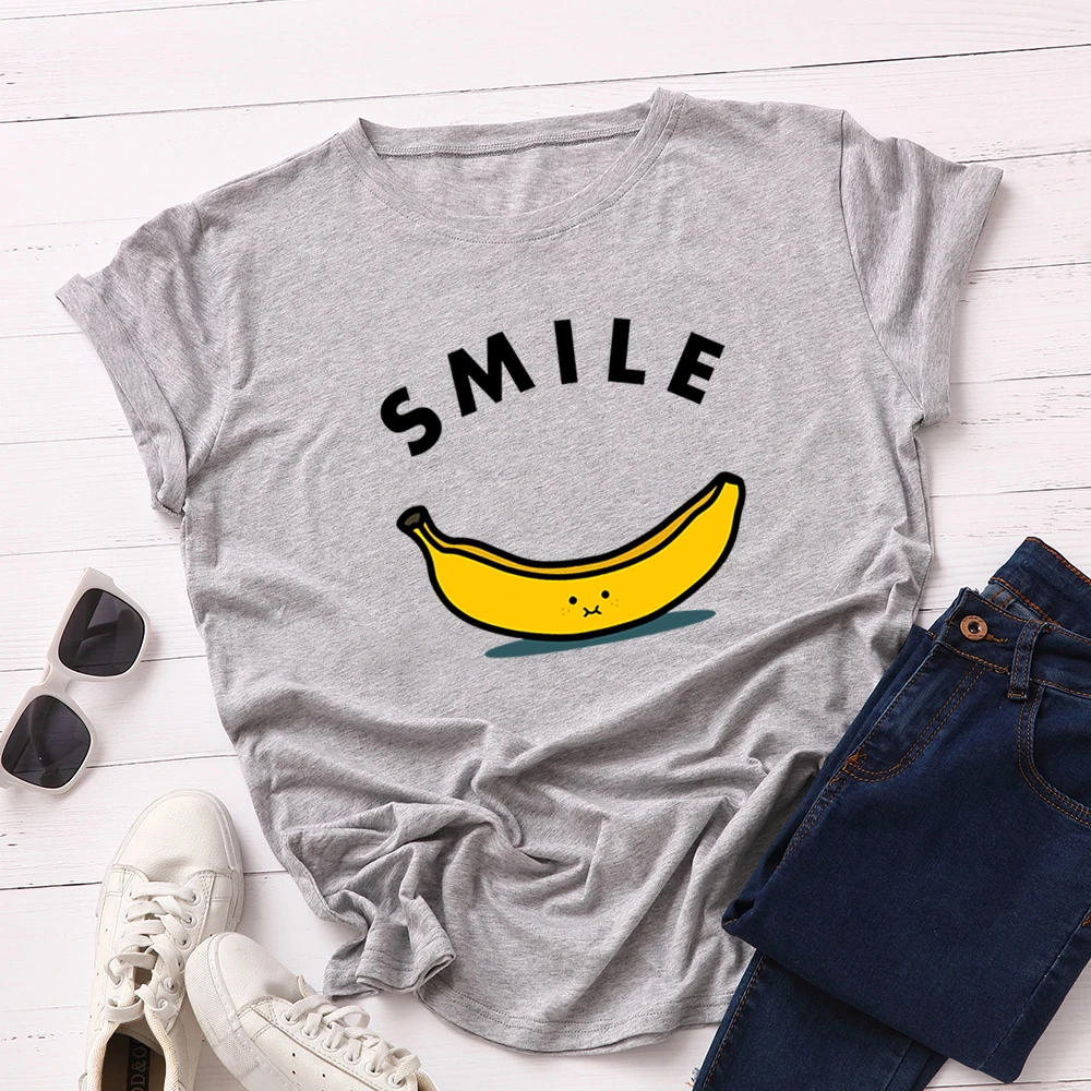 Женская футболка с буквенным принтом и смайликом, хлопковая футболка с коротким рукавом, топы размера плюс, принт с фруктами и бананами, футболки, уличная одежда для девочек - Цвет: Light Gray