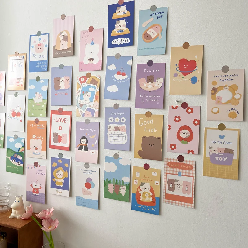 Korean Ins Cute Bear Rabbit Postcard Set Diy Cartoon Photo Cards Children's Room Background Kawaii Decorative Card 30 Sheets