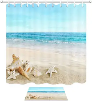 

Tropical Theme Shower Curtain Beach Sea Shell Starfish Waterproof Shower Curtain Non-slip Mat Bathroom Curtain Set