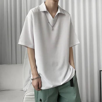 

IEFB / men's wear Casual turn down collar t-shirt oversize loose solid color korean fashion pullover tee for male new 9Y2312