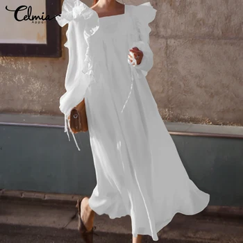 

Celmia Bohemian White Dress Women 2020 Spring Long Sleeve Ruffled Party Dress Casual Loose Long Maxi Vestidos Plus Size Robe 5XL