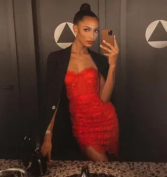 

Women Summer Bodycon Bandage Dress 2020 Sexy Strapless Backless Red Lace Designer Fashion Evening Party Dress Vestido