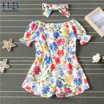 

Humor Bear Girls' Jumpsuits 2020 Summer New European and American Style Children'S Printed Jumpsuits +Floral Headscarves 2pcs