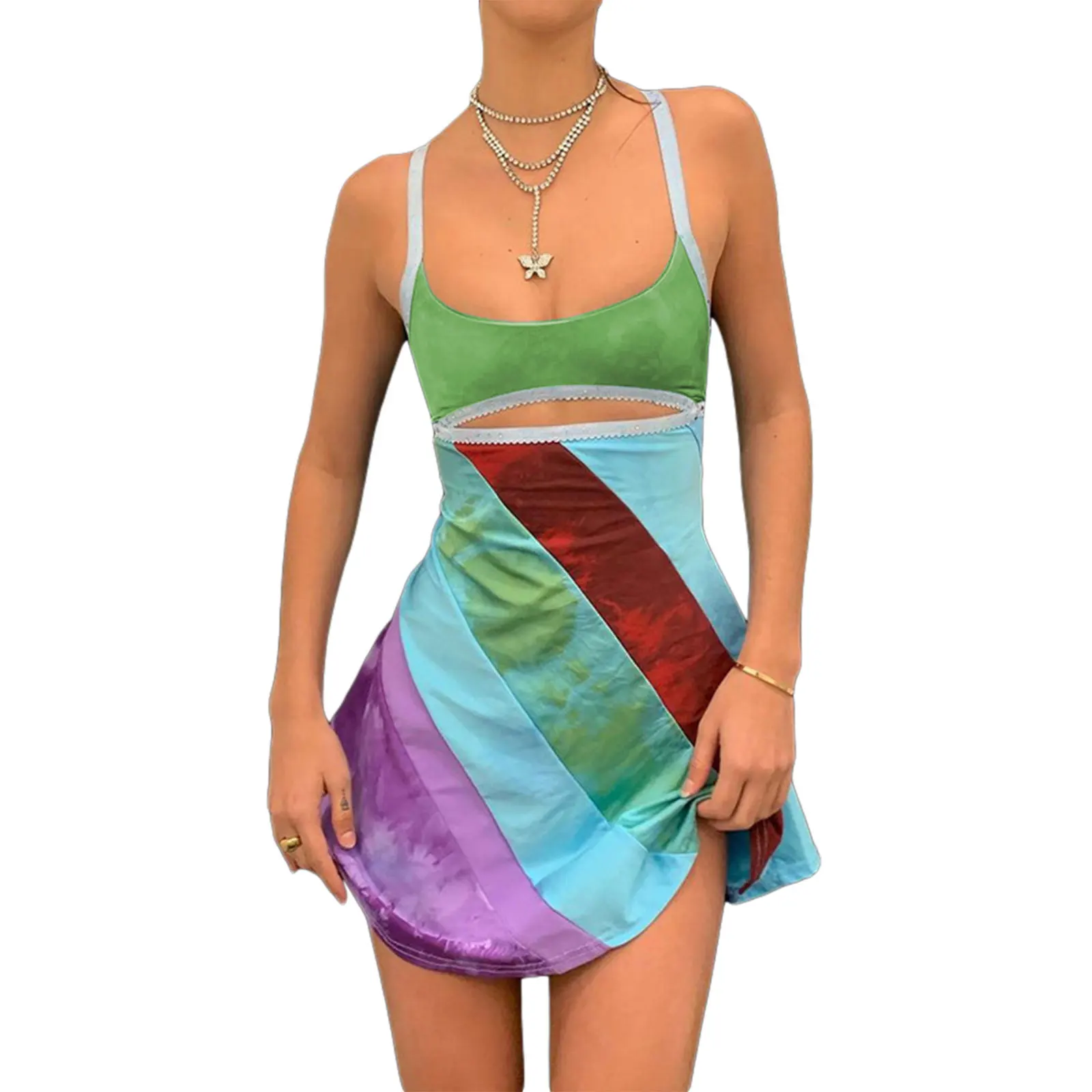 Womens Sexy Bodycon Print Semi-Sheer Sheath Mini Dress Sleeveless Backless Y2K E-Girl Party Streetwear 2