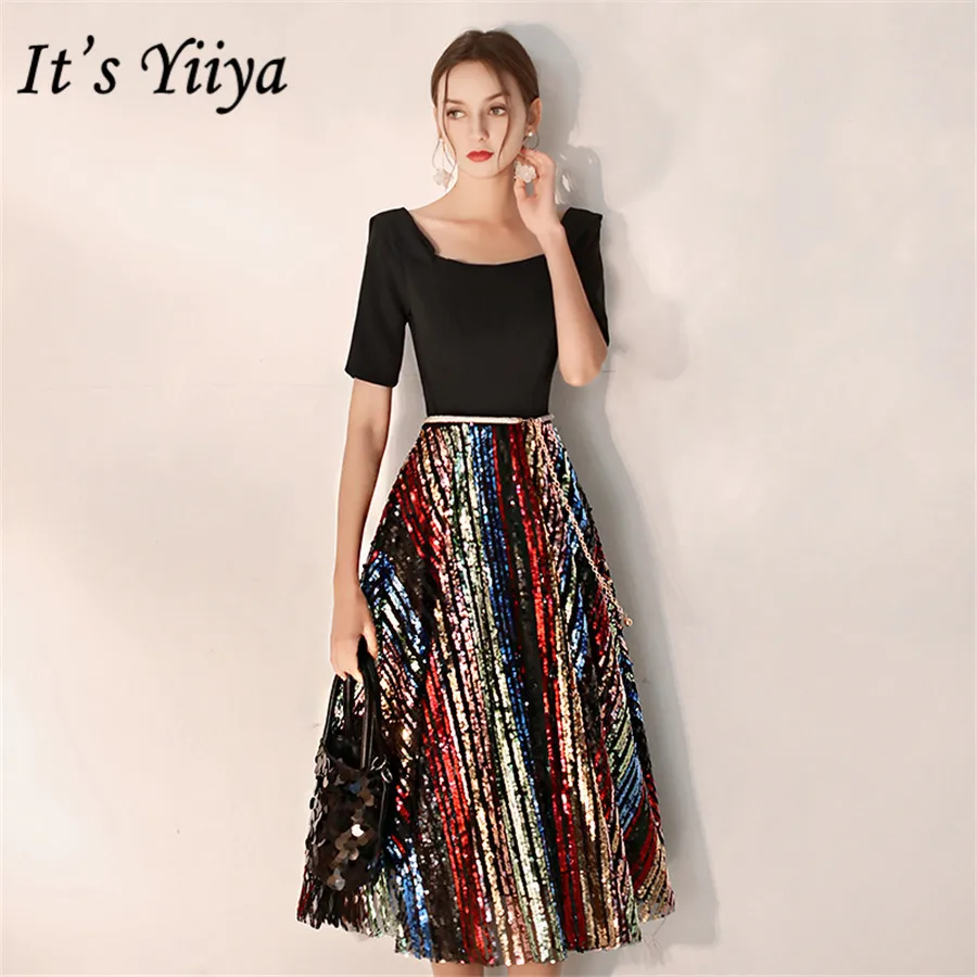 

It's Yiiya Prom Dresses 2020 Square Collar Shining Sequins vestidos de gala Plus Size Short Sleeve Women Formal Dress E1394