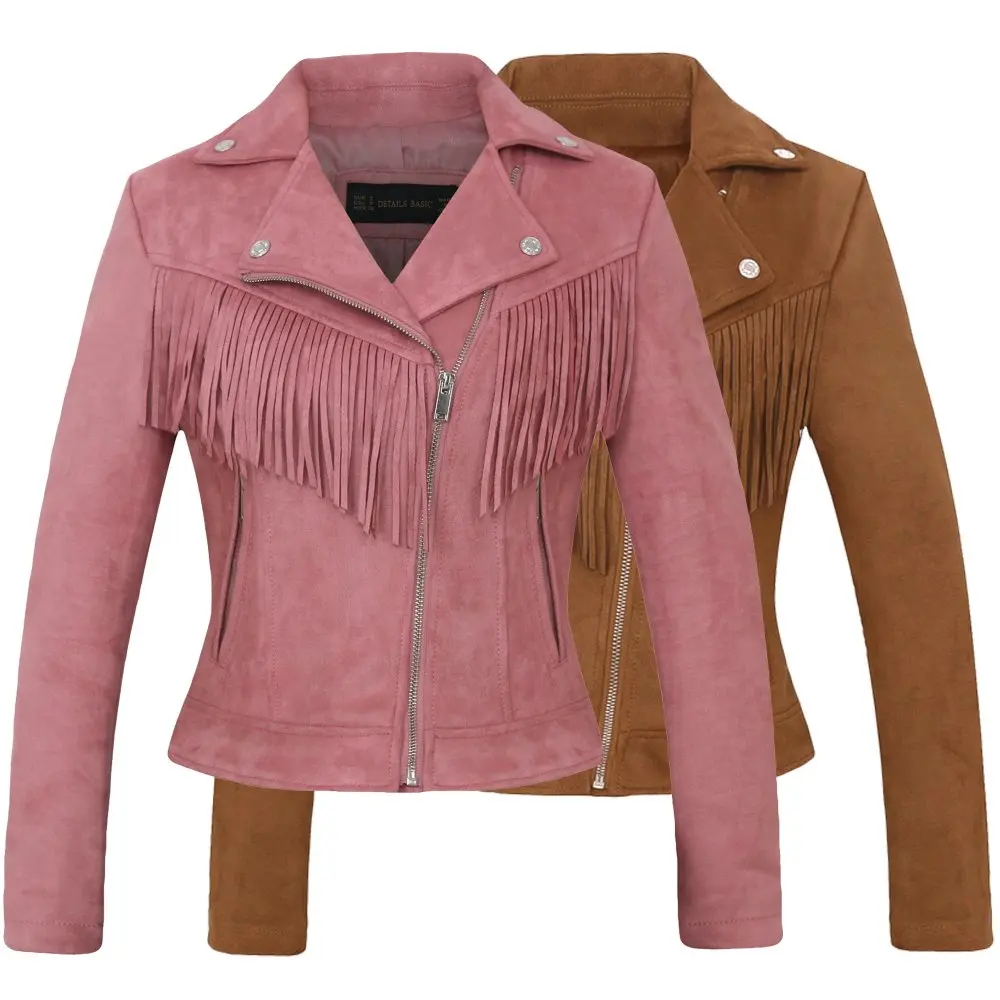 

Women New Long Sleeve Back Tassels Long Leather Tassels Jacket The Misfit Fringe Color Brown Slim Boyfriend Style PU Jacket Coat