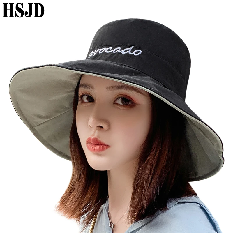 

Women Summer Double-sided Sun Hats Embroidery Avocado Flat Top Bucket Hat Wide Brim Anti-UV Foldable Beach Cap Sunshade Bonnet