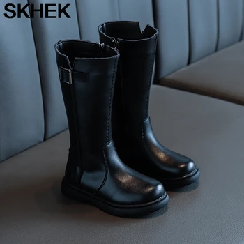 

SKHEK Autumn Winter Kids Boots For Girls Fashion Girls Princess Knee-length Martin Boots PU Leather Waterproof Girl Shoes