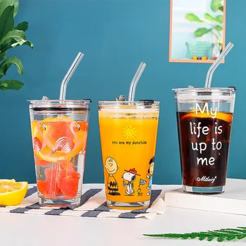 

450ml Creative Cartoon Glass Mug Cup with Lid Scale Boy Girl Kids Student Cute Straw Juice Coffee Milk Cup Mugs Water Bottle
