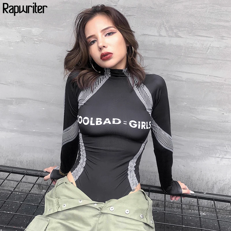 

Rapwriter Sexy Stretch Turtleneck Letter Print Striped Bodysuit Women 2019 Fall Winter Long Sleeve Open Crotch Bodysuit Black