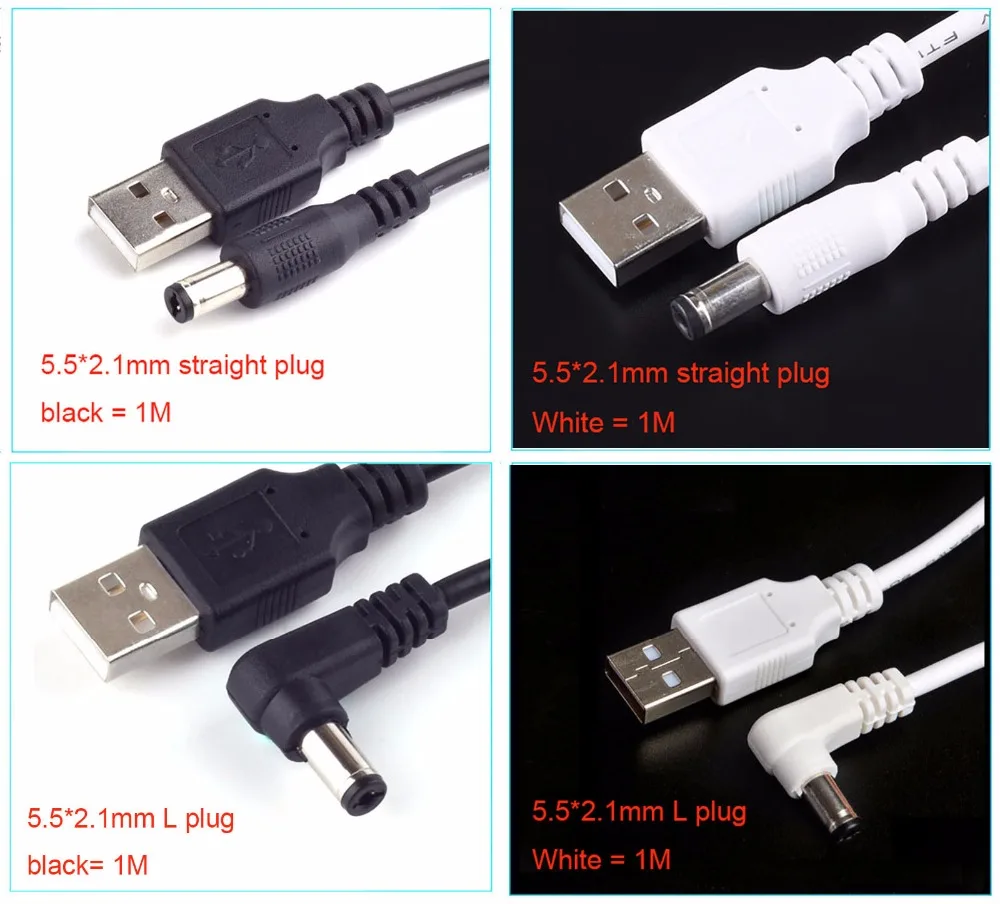 Разъем питания постоянного тока USB преобразует в 5,5*2,1 мм/DC 5,5*2,1 белый черный L образный прямоугольный разъем с кабелем соединителя шнура