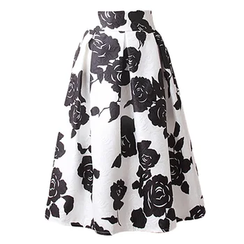 

Elastic High Waist Pleated Long Midi Skater Skirt Flower Print Summer White Black Floral Ball Gown Womens Vintage Skirts Jurken