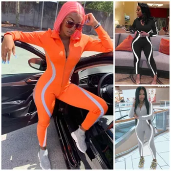 

New Women Sexy V-neck Long Sleeve Bandage Playsuit Long Sleeve Reflective Bodysuit Front Zipper Romper Jumpsuit Catsuit Ciubwear