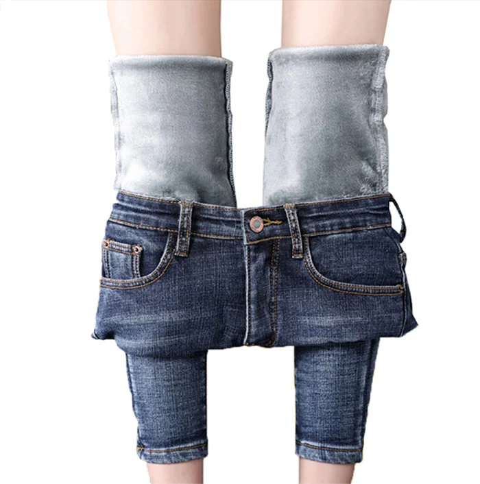 Женские джинсы на флисовой подкладке, облегающие зимние узкие брюки с высокой талией, теплые женские бархатные теплые джинсы, обтягивающие джинсовые штаны