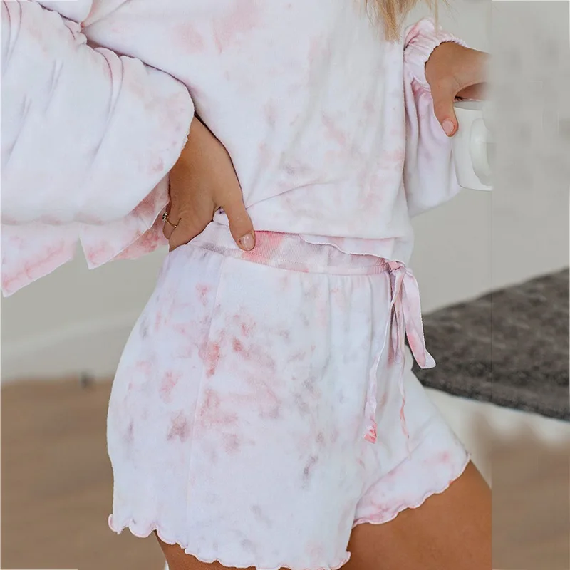 Breathable women pajamas set lace up casual long sleeve sleepwear women two pieces fashion print summer home clothes new DR1826 (16)
