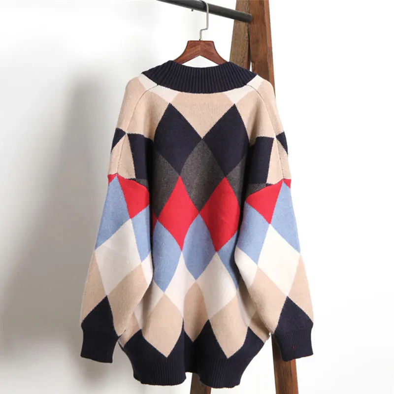 Sweater Women Knitted Cardigan Diamond Plaid Long Cardigan Loose Sweater Feminino Fashion Tops Pull Femme Knitwear Jumpers