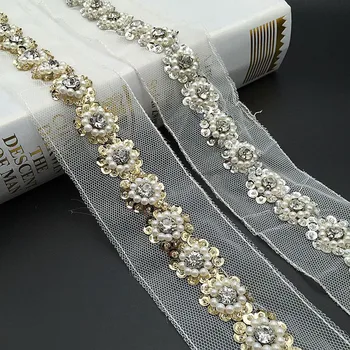 

3 Yards Flower Sequins Rhinestons Pearls Lace Trim 50mm Collar Ribbon Applique For Wedding Dress Hat DIY Sewing White Black