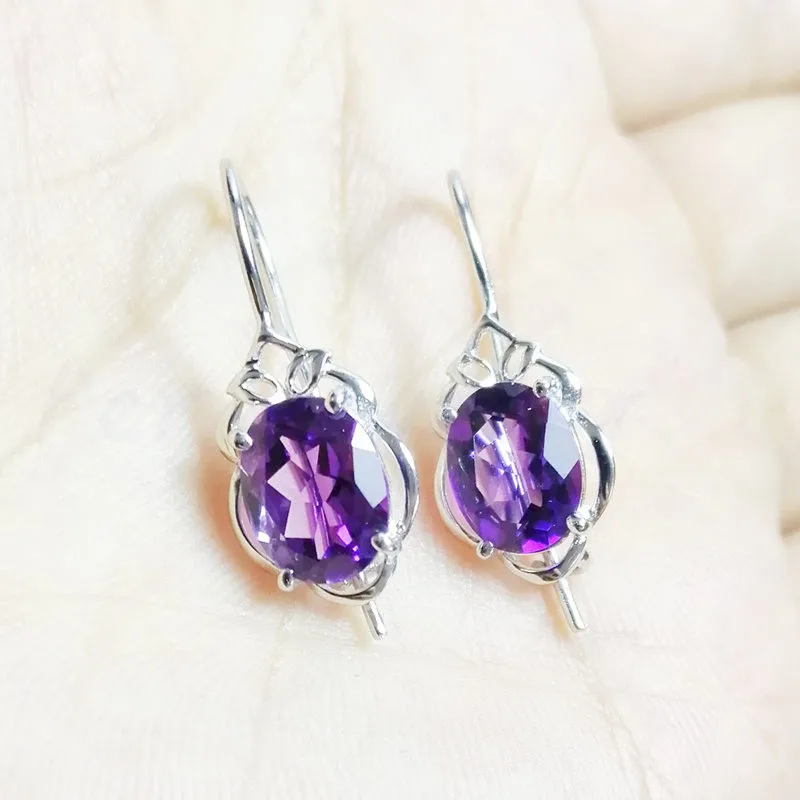 Натуральный настоящий аметист, серьги-кольца,, серебро 925 пробы 1.8ct* 2 шт, драгоценные камни, хорошее ювелирное изделие C91146