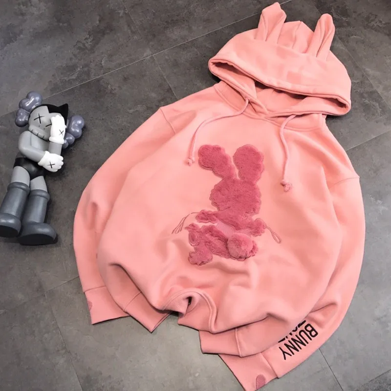 

New Women's Versatile Casual Fur Ball Pink Rabbit Embroidery Letters Plush Hoodie Sweatshirt
