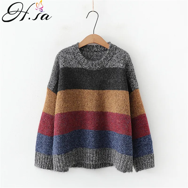 

H.SA Winter Warm Sweater and Pullovers for Women 2019 Colorful Striped Oversized Jumpers Rainbow Pull Femme Kawaii Tops Korean