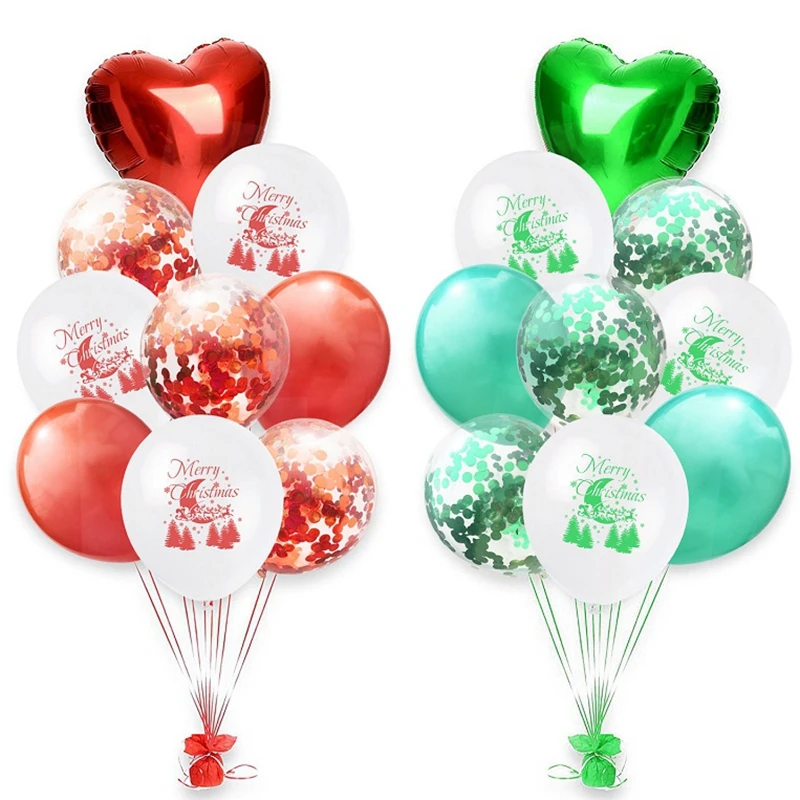 9pcs/lot Merry Christmas Balloon Set Green Red Heart Foil Ballon Confetti Latex Balloons Kit For Christmas Home Party Decoration