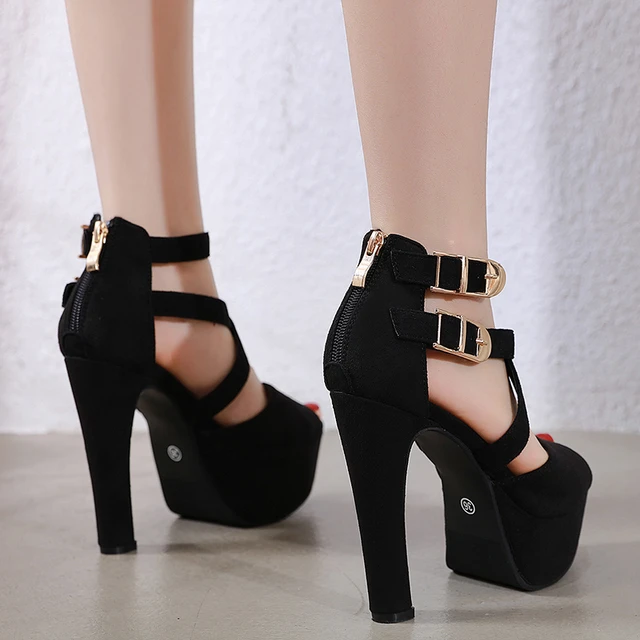 Platform Heels Chunky Block High Heel Pump Shoes For Women 2024 Black  Gladiator Sandals Double Buckle