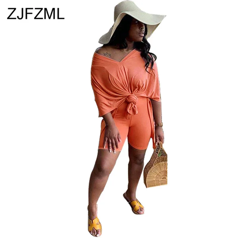 

Solid Causal 2 Piece Set Summer Clothes for Women O Neck Short Sleeve Double Side Slit T Shirts + Biker Shorts Sweatsuit Outfits