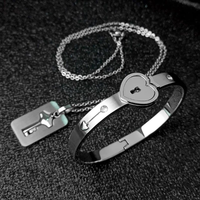 Titanium Puzzle Couple Heart Lock Key Couple Necklace Bracelet Lover  Jewelry Set