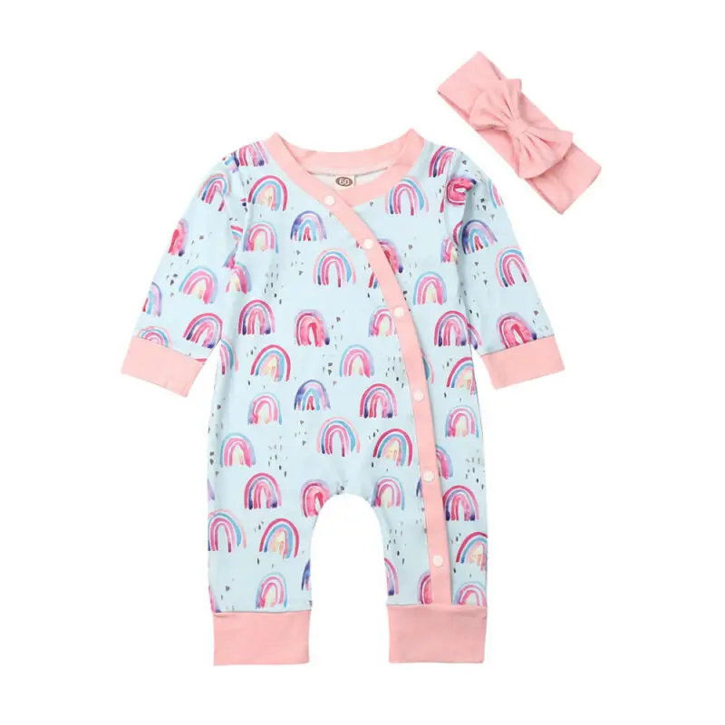 

Newborn Infant Baby Girl Rainbow Bodysuit Outfit Clothes+ Headband Set