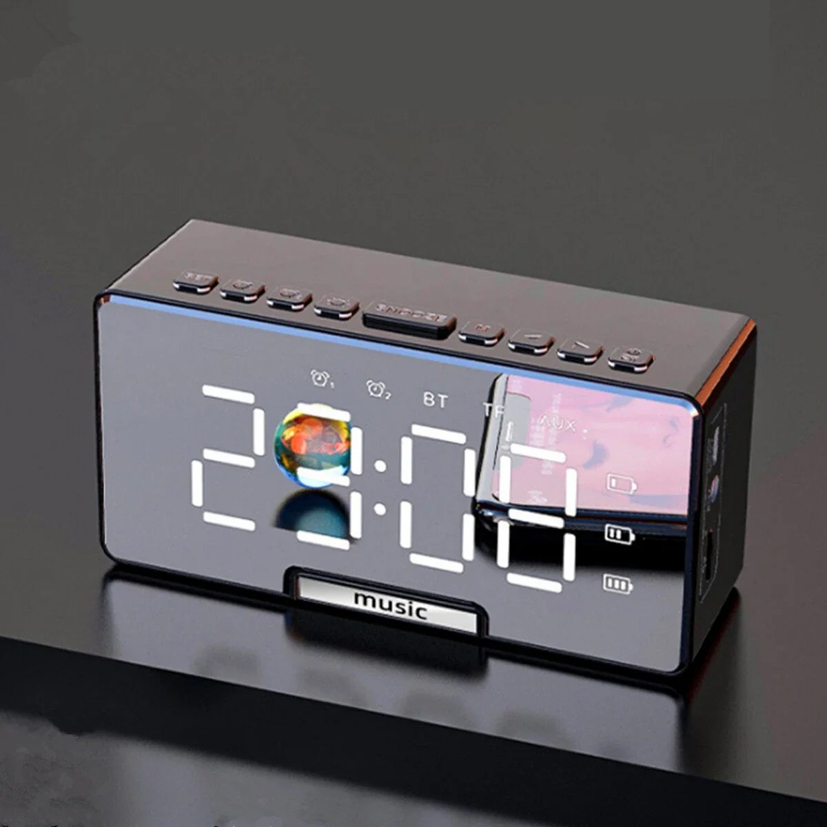 

Wireless Bluetooth Speaker Mirror Alarm Clock LED Brightness Adjustment Music USB Rechargeable