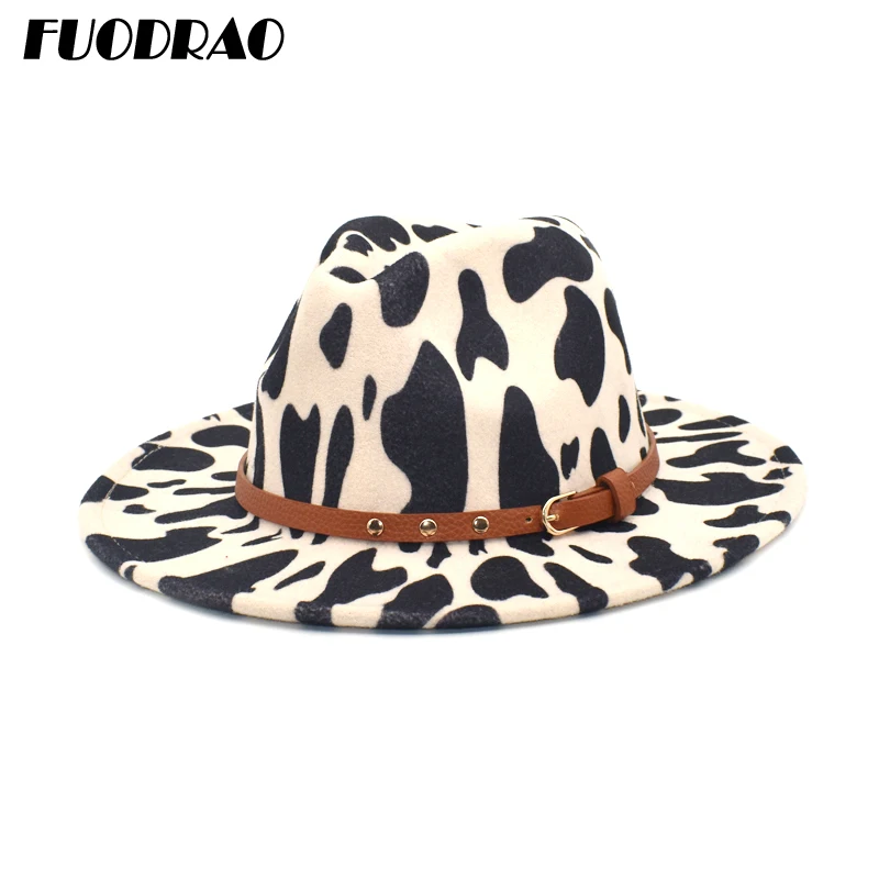 

FUODRAO New Autumn Winter Fedoras Women Wool Hats Fashion Cow Print Jazz Caps Men Wide Brim Gentleman Elegant Chapeau Femme NN16