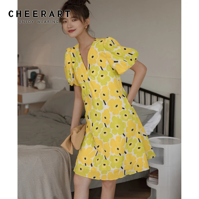 yellow floral v neck dress