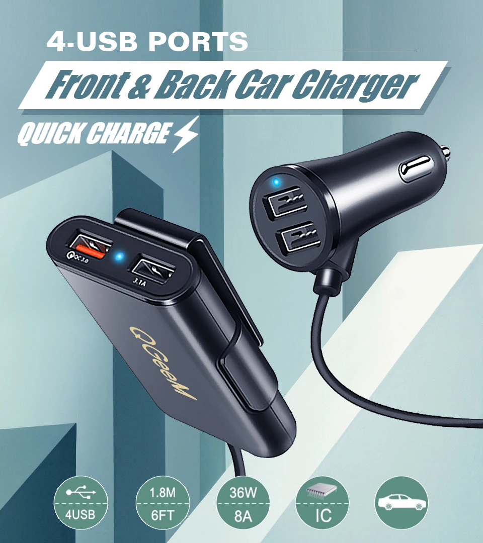 QGEEM 4 USB QC 3,0 Автомобильное зарядное устройство Быстрая зарядка 3,0 телефон автомобильное быстрое переднее заднее зарядное устройство адаптер автомобильное портативное зарядное устройство разъем для iPhone