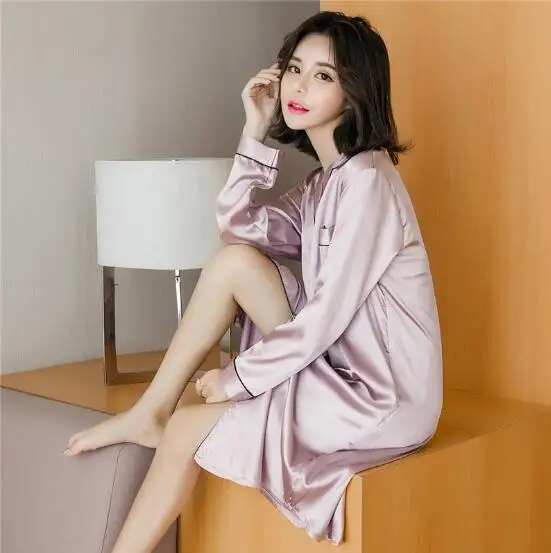 Goedkoop Nieuwe Zijde Nachthemden Vrouwen Lange Mouw Lente Zomer Jurk Nachthemd Vrouwelijke Nachtkleding Nachthemd Losse Sexy Nacht Shirts S 3XL