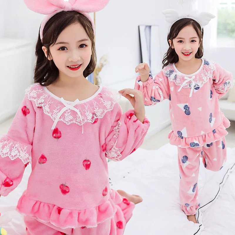 

Micro for Girls Homewear Set Winter New Style Big Boy Thick Double Layer Flannel Pajamas Children Two-Piece Set