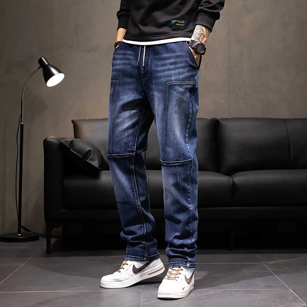 Plus Size Straight Jeans Men Casual Denim Patchwork Trousers Elastic Waist Streetwear Harem Pants Clothing